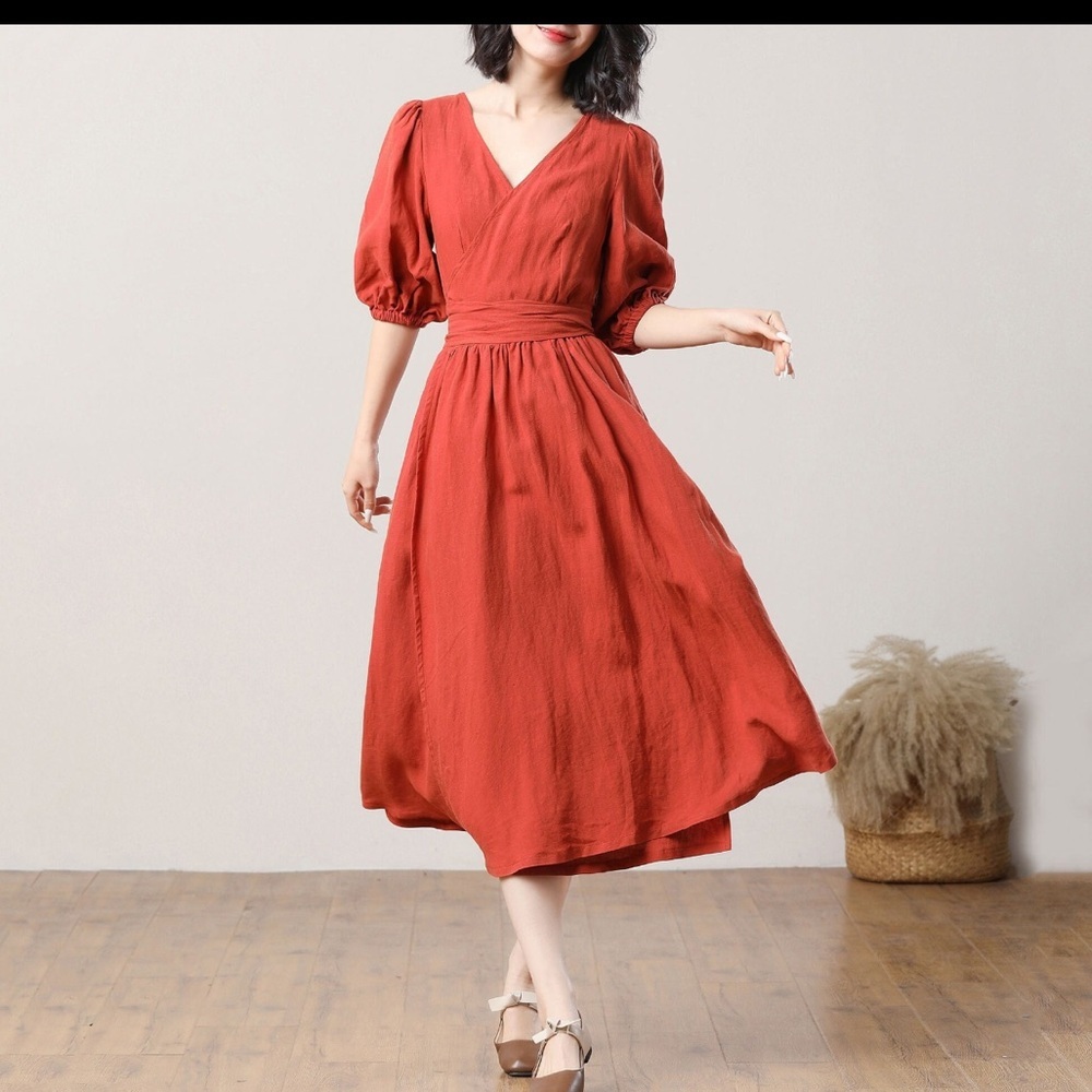 Women's Rust Wrap Midi Dress with Puff Sleeves - Picture 12 of 14